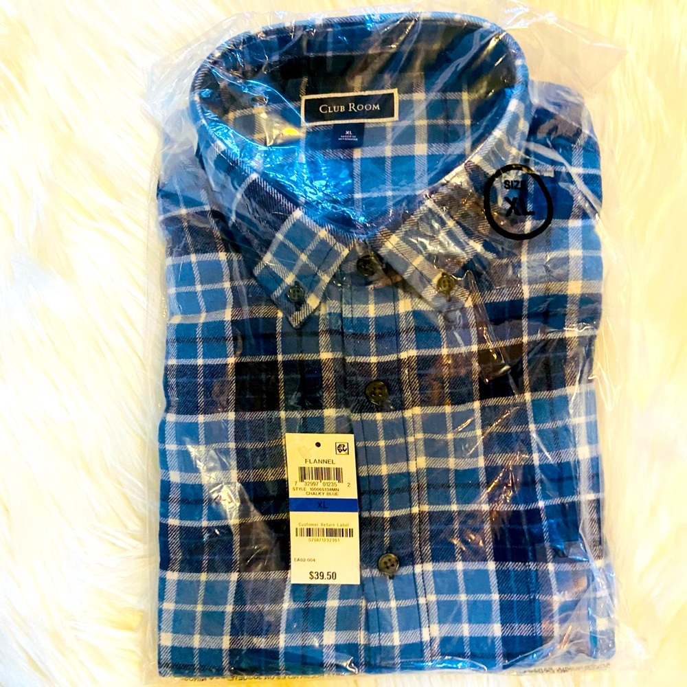 🆕NEW-MEN’S CLUB ROOM BY MACY’S FLANNEL BLUE AND WHITE PLAID BUTTON DOWN SHIRT. - Picture 5 of 15